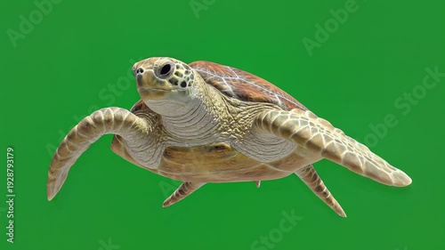 A magnificent ocean dwelling turtle elegantly navigates a vibrant green screen expanse, its powerful flippers propelling it forward, ideal for