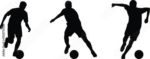 Collection of soccer player silhouettes dribbling ball in dynamic action poses isolated on white background, black footballer vector set for logo, tattoo, and design