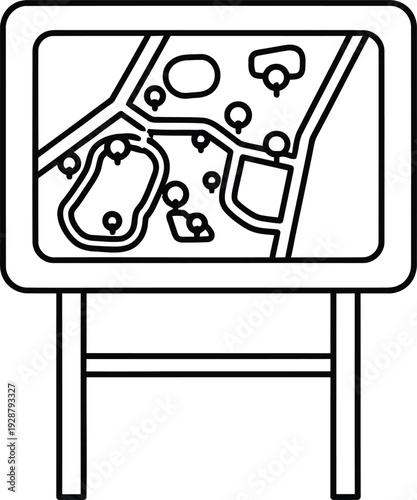 A simple line drawing of a map displayed on a signboard with a stand.