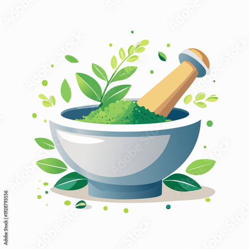 Herbal medicine preparation in mortar with pestle and leaves.
