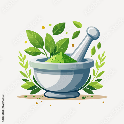 Herbal medicine mortar and pestle with fresh green leaves.