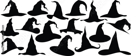 Collection of witch hat silhouettes in various spooky shapes isolated on white background, black Halloween vector set for decoration, party design, and illustration