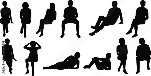 Collection of woman silhouettes in various seated and reclining poses isolated on white background, black female figure vector set for design, branding, and illustration