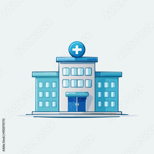 Hospital Building Illustration with Blue and White Colors.