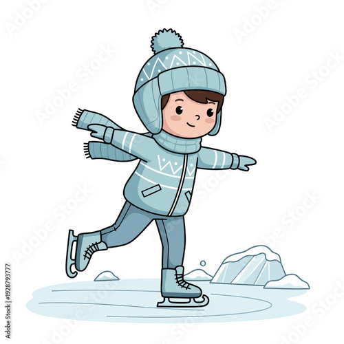 Happy child ice skating alone on frozen pond in winter gear