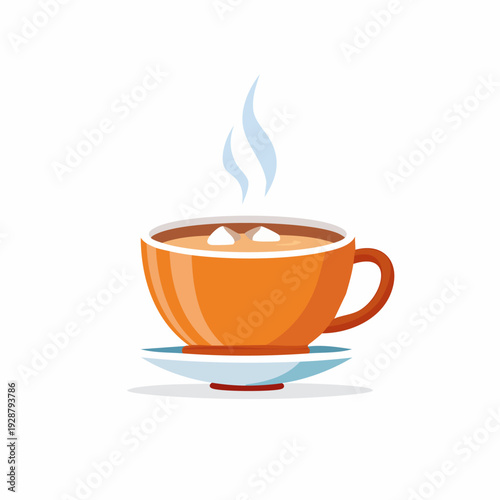 Hot Coffee Cup With Steam And Marshmallows On Saucer.