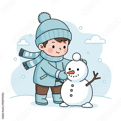 Happy child building snowman in winter wonderland scene