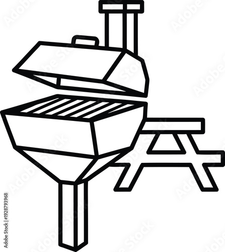 A simple line drawing of a barbecue grill with a picnic table beside it.