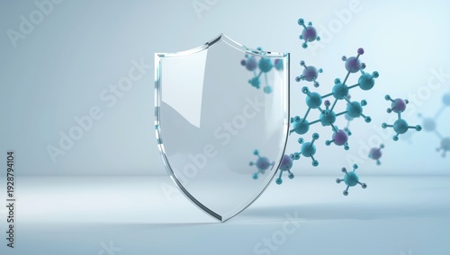 Clear glass safety barrier with molecules. Healthcare protection idea