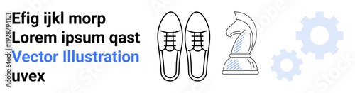 Business strategy, innovation, management, planning, creativity, problem-solving. Outline drawings of shoes, chess knight and gears. Business strategy and innovation