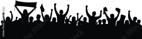 Silhouette of cheering crowd with raised fists and banner isolated on white background, black people vector illustration for protest, rally, and celebration design