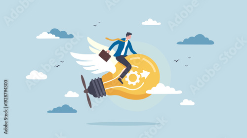 Businessman riding a flying idea light bulb with wings and propeller through the sky, creative new idea innovation startup business concept, vision for success and growth, vector illustration.
