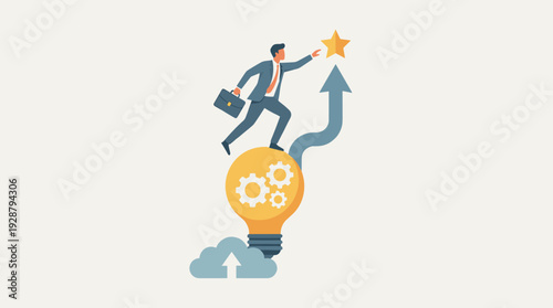 Businessman in Suit with Briefcase Standing on a Light Bulb with Gears Reaching for a Star, Symbolizing Smart Solutions, Creative Thinking, Innovation, and Achieving Career Success and Goals