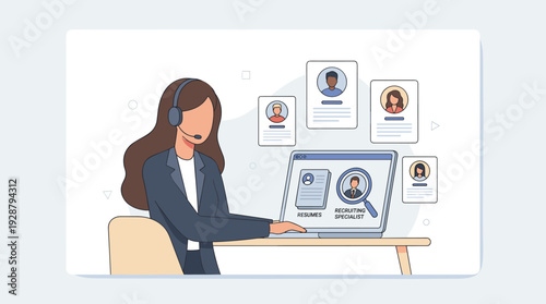 Professional HR Manager or Recruiting Specialist Using Laptop to Hire New Employees, Reviewing Resumes and Candidate Profiles Online, Talent Acquisition and Human Resources Management Concept.