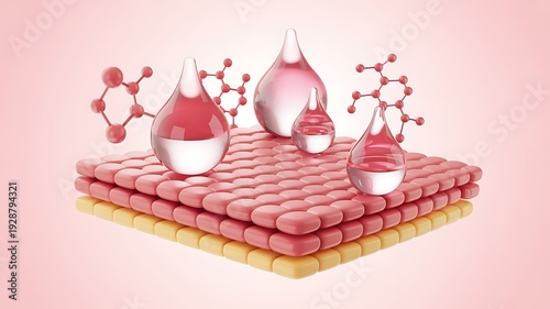  skin layers with water droplets and molecular structures.