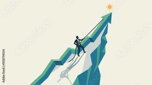 Businessman climbing a steep cliff shaped like an upward arrow graph using a rope to reach the top where a sun shines, symbolizing success, motivation, career growth, and business achievement.