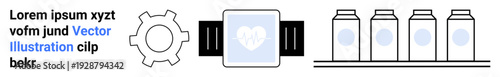 Smartwatch with heart icon, gear symbol, and bottles on shelf suggesting fitness, health, industry. Ideal for health tech, fitness apps, wellness, smart devices sustainability automation simple