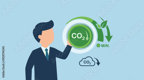 Businessman Turning a Green Knob to Reduce Carbon Dioxide Emissions. Concept of CO2 Reduction, Net Zero, and Environmental Sustainability with a Dial Pointing to Minimum Level. Flat Vector Design.