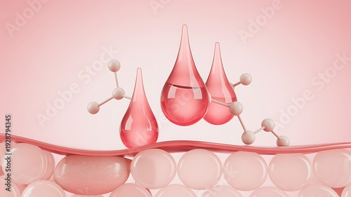  pink liquid drops on skin with molecular structure.