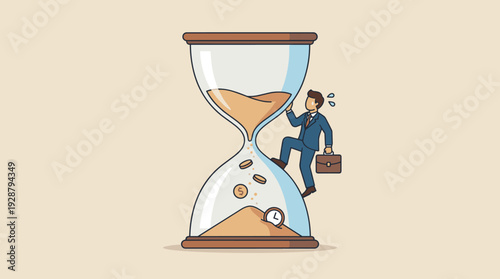 Stressed businessman climbing up sand in a giant hourglass, representing time management problems, deadline pressure, and losing money, concept of work urgency and professional struggle.