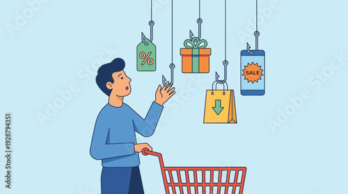 Concept of Attracting Customers with Discounts and Sales: A Man with a Shopping Cart is Tempted by Online Offers, Gifts, and Promotions Hanging on Fishhooks as Marketing Bait Vector Illustration