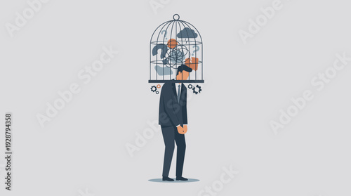 Businessman with a Birdcage Over His Head Filled with Chaotic Thoughts and Symbols Representing Mental Health Issues, Anxiety, Stress, and Depression in a Minimalist Vector Illustration Style.
