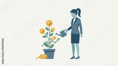 Professional businesswoman watering a money plant with gold coins and an upward growth arrow, symbolizing financial investment, wealth accumulation, capital gain, business success, and profit growth.