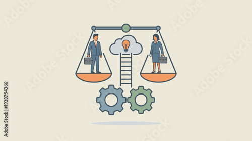 Gender equality and equal treatment of male and female in business concept. Illustration of man and woman balanced on scales with career ladder to success lightbulb and gears for progress.