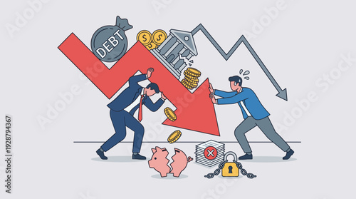 Financial Crisis and Economic Downturn Concept with Businessmen Struggling to Stop a Falling Market Arrow, Bank Failure, Debt Burden, Bankruptcy, Unpaid Loans, and Global Recession Illustration.