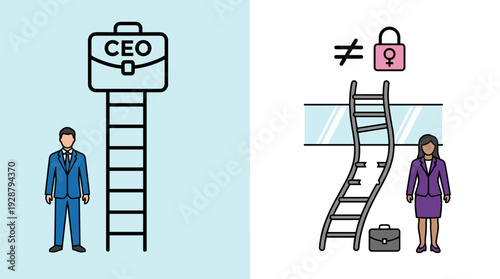 Gender Inequality Concept with Businessman and Businesswoman at Career Ladders, Glass Ceiling Barrier for Women, Broken Ladder vs Straight Path to CEO Position, Workplace Discrimination Vector.