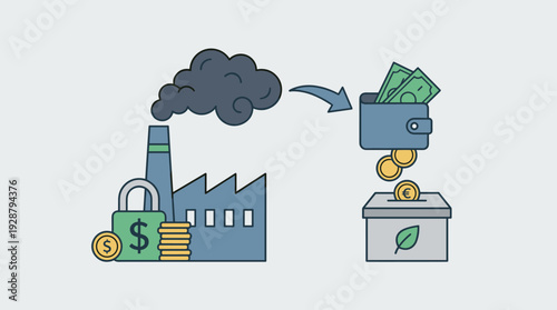 Carbon tax payment concept illustration with factory CO2 emissions, money wallet, and green investment box. Industrial pollution charge for environmental protection and sustainable economy.