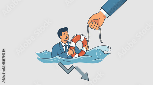 Businessman Drowning in Water with Lifebuoy Rescued by Giant Hand During Financial Crisis; Concept of Business Support, Economic Bailout, and Corporate Survival with Broken Downward Trend Arrow