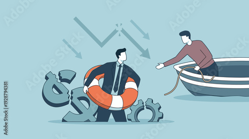 Businessman in a financial crisis with a lifebuoy needing help and rescue from another person in a boat, concept of business support, economic downturn, bankruptcy, debt recovery, and assistance.