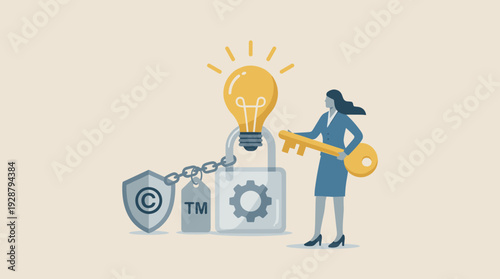 Businesswoman holding a golden key to unlock intellectual property protection, featuring a lightbulb, padlock, copyright shield, and trademark tag for legal security and creative rights.