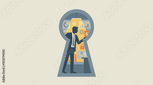 Minimalist vector illustration of a businessman inside a keyhole viewing secret corporate data, charts, and gears. Concept for business intelligence, strategic insight, and insider information.
