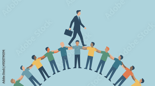 Businessman in Suit Walking Across a Human Bridge Formed by a Team of People Holding Hands, Representing Leadership, Support, Teamwork, Collaboration, and Corporate Success Flat Vector Illustration