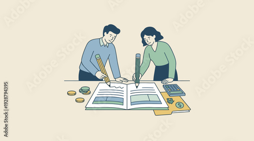 Professional man and woman collaborating on financial documents, writing in a large ledger with pencils. Business teamwork for accounting, budgeting, tax preparation, and real estate planning.