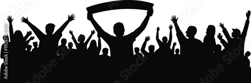 Silhouette of cheering crowd with raised hands and banner isolated on white background, black people vector illustration for celebration, concert, protest, and sports design