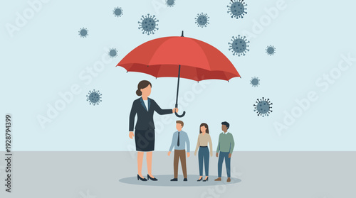 Businesswoman Leader Protecting Her Team with a Red Umbrella from Coronavirus COVID-19 Virus Particles, Concept of Business Resilience, Health Insurance, Workplace Safety, and Crisis Management.