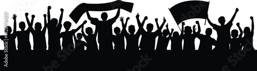 Silhouette of cheering crowd with raised hands and flags isolated on white background, black people vector illustration for celebration, protest, event, and sports design