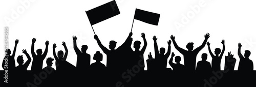 Silhouette of cheering crowd with raised hands and flags isolated on white background, black people vector illustration for protest, celebration, rally, and event design