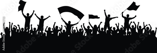 Silhouette of cheering crowd with raised hands and waving flags isolated on white background, black people vector illustration for celebration, protest, concert, and sports design