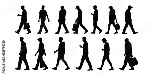 Assortment of male walking silhouettes with bags and phones on white Keywords: men, walking, silhouettes, people, male, figures