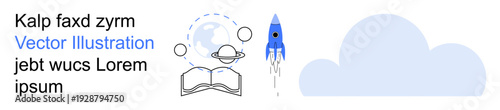 Space exploration, education, innovation, creativity, learning, research. Rocket flying beside planets and an open book. Space exploration and education in a modern design