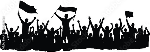 Silhouette of cheering crowd with raised hands and waving flags isolated on white background, black people vector illustration for protest, celebration, and event design
