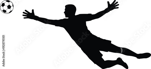 Silhouette of soccer goalkeeper diving to catch ball isolated on white background, black football athlete vector illustration for sports, competition, and training design