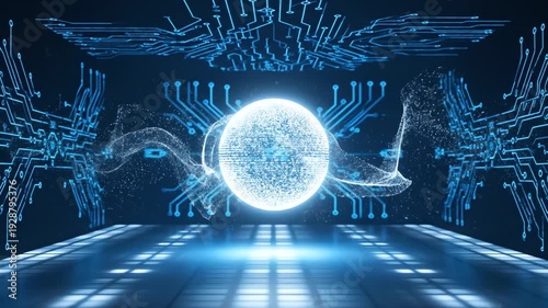 A digital art piece of a futuristic scene.  Central sphere emits energy, surrounded by circuits and particle trails, rendered in cool blue hues