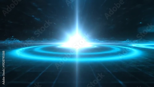 A futuristic, abstract scene with a glowing blue light at the center.  A grid pattern and a wave-like element create an other-worldly feel