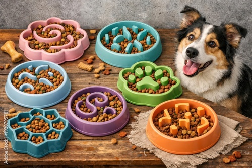 Dry dog food in slow feeding bowls on concrete surface