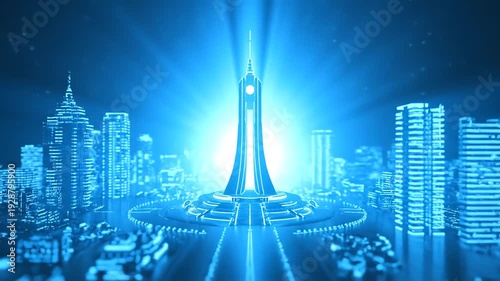 A glowing futuristic cityscape bathed in blue light. A central, tall structure beams upwards. Other tall buildings line the perimeter